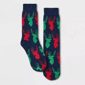 NWT Wondershop Men's Navy Red & Green Deer Cozy Crew Socks (Size 6-12)